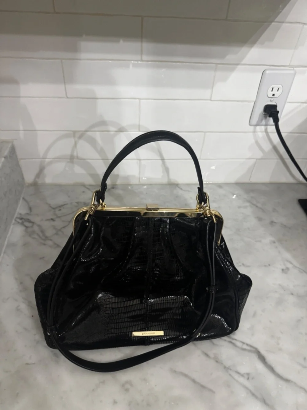 Brahmin Black Embossed Leather Frame Satchel Shoulder Bag Gold Hardware